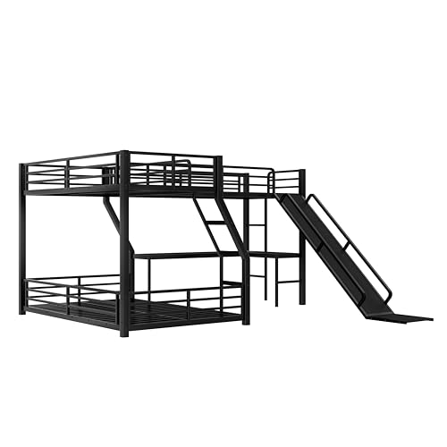 KLMM Twin Over Full L-Shaped Metal Triple Bunk Bed with Twin Size Loft Bed,Slide and USB Ports,for Kids Teens Adults Bedroom Use (Black/Slide, Twin Over Full) KLMM