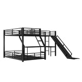 KLMM Twin Over Full L-Shaped Metal Triple Bunk Bed with Twin Size Loft Bed,Slide and USB Ports,for Kids Teens Adults Bedroom Use (Black/Slide, Twin Over Full) KLMM