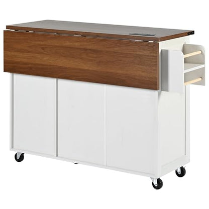 YOPTO Farmhouse Kitchen Island with Power Outlet,Kitchen Storage Island W/Internal Storage Rack,Drop Leaf,Spice Rack,Rolling Kitchen Cart on Wheels for Home,Kitchen and Dining Room,White,54.5"