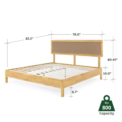 Nipe King 14 Inch Bohemian Bed Frame with Adjustable Woven Headboard - Rustic Acacia Wood Design, No Box Spring Required - WoodArtSupply