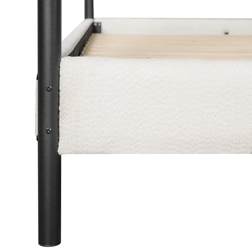 Christopher Knight Home King Size Upholstered Canopy Bed Frame with Boucle Fabric, Curved Headboard and Iron Legs, Modern Platform Bed Frame with Slats No Box Spring Needed, White