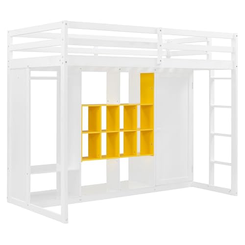 Ball & Cast Twin Size Loft Bed with Wardrobe and Reversible Staircase,Multifunction Wood Bed Frame W/Shelves & Cabinet,Full-Length Guardrails,No Box Spring Needed,for Bedroom,Student,White+Yellow Ball & Cast