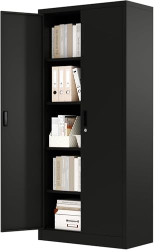 71" Metal Storage Cabinet with Doors, Lock and 4 Adjustable Shelves, Tall Pantry Cabinet for Garage, Office, Bedroom, Shop, Craft Room, Steel Storage Organizer with Adjustable Feet,Black GAOMON