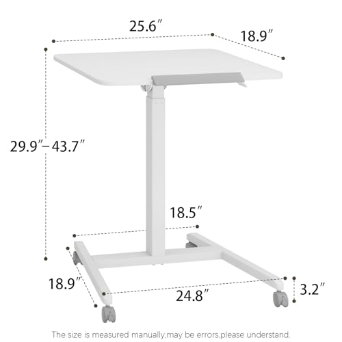 PUNCIA 90°Tiltable Small Standing Desk with Stoppers Mobile Rolling Laptop Table on Wheels Pneumatic Adjustable Height Computer Workstation Stand Up Cart Bedside Overbed Table for Home Office White PUNCIA