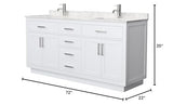 Wyndham Collection Beckett 72 Inch Double Bathroom Vanity with Toe Kick in White, Carrara Cultured Marble Countertop, Undermount Square Sinks, Brushed Nickel Trim Wyndham Collection