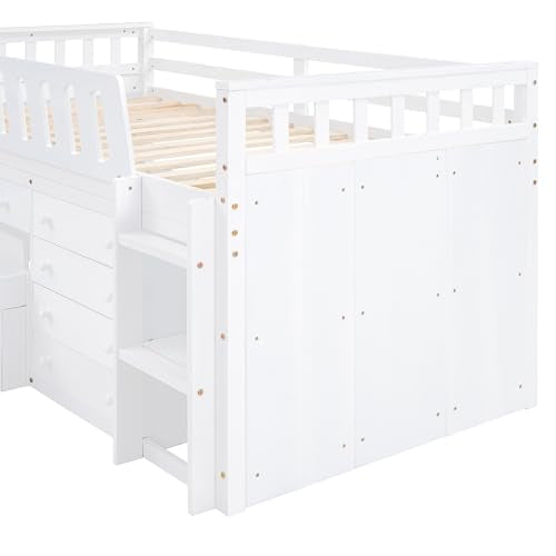 Ball & Cast L-Shaped Space-Saving Twin Low Loft with Platform Bed,Bunk Bedframe W/Full Safty Guardrails & 7 Drawers,Sturdy Construction,Easy Assembly,Functional Bedroom Set for Boy Girl Keens,White Ball & Cast