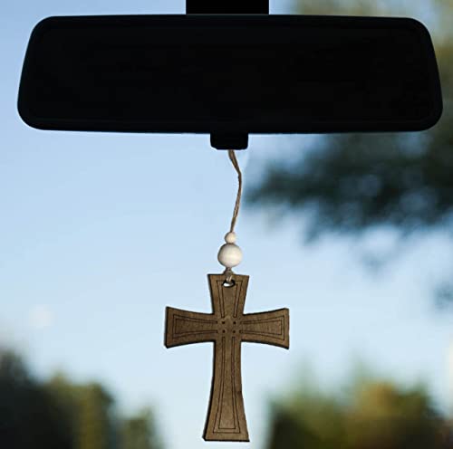 Car Charm Rear View Mirror Hand Crafted Wooden Cross Religious Gift Christening Gift Cross Car Ornament Wood Cross Personalized Rear View Mirror Cross Hanging Car Decor (Cross_3) - WoodArtSupply