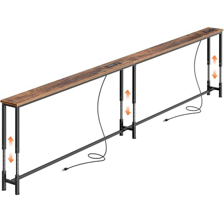 Huuger 102.4 Inch Sofa Table with Power Outlets, 23.9’’-34.4’’ Height Adjustable Range, Behind Couch Table with USB-C Ports, Sofa Tables Narrow Long, Skinny Console Table, Small Spaces, Rustic Brown Huuger