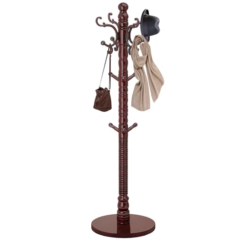 LOZABEE Wood Coat Rack Stand, Vintage Wooden Coat Rack Freestanding with Sturdy Round Base,Classic Coat Racks with 14 Hooks, Natural Birch Wood Standing Coat for Entryway (Vintage Round chassis)