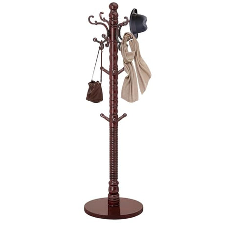 LOZABEE Wood Coat Rack Stand, Vintage Wooden Coat Rack Freestanding with Sturdy Round Base,Classic Coat Racks with 14 Hooks, Natural Birch Wood Standing Coat for Entryway (Vintage Round chassis) LOZABEE