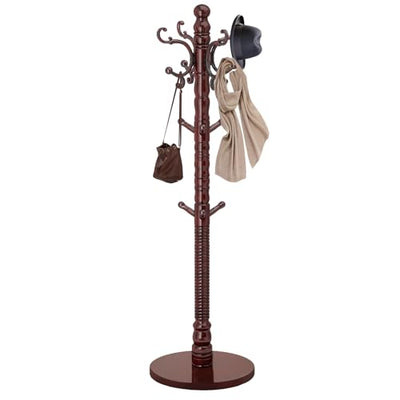 LOZABEE Wood Coat Rack Stand, Vintage Wooden Coat Rack Freestanding with Sturdy Round Base,Classic Coat Racks with 14 Hooks, Natural Birch Wood Standing Coat for Entryway (Vintage Round chassis)