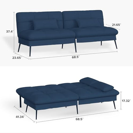 COMHOMA Convertible Sofa Bed,68″Fabric Couch with Adjustable Backrest,Loveseat Recliner Sleeper Living Room Furniture futon Set,Blue COMHOMA