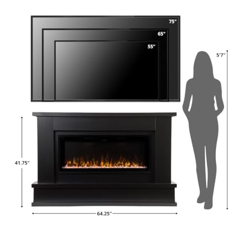 Modern Ember Patton Black Mantel Package 64" W x 42" H with 42 Inch Electric Fireplace - 5 Flame Colors, 10 Ember Bed Colors, Log Kit & Crystal Embers | Alexa/WiFi Enabled Modern Ember