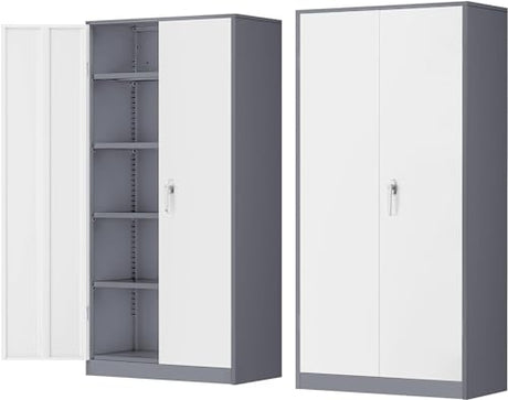 INTERGREAT Metal Storage Cabinet Doors, 72" Locking Steel Storage Cabinet with Shelves, Tall Metal Cabinet Lockable Steel Cabinets for Home Office, Garage(New Grey) INTERGREAT