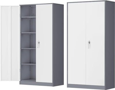 INTERGREAT Metal Storage Cabinet Doors, 72" Locking Steel Storage Cabinet with Shelves, Tall Metal Cabinet Lockable Steel Cabinets for Home Office, Garage(New Grey)