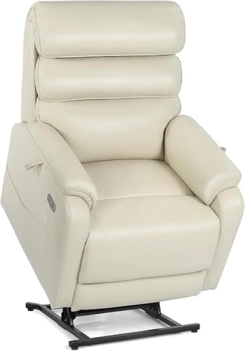 Cream White Genuine Leather Dual Motor Power Lift Recliner Chair for Elderly Adults Lay Flat Electric Sofa with Heated Massage Side Pockets Charging Ports Heavy Duty SDKOLPBNMZX