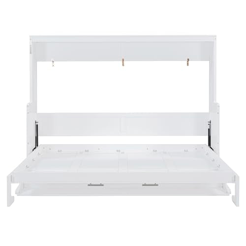 Queen Size Murphy Bed with Desk,Solid Wood Cabinet Wall Bed with Hydraulic Design,Space-Saving Folding Beds for Small Apartment Guest Room Home Office,No Box Spring Needed,White Harper & Bright Designs