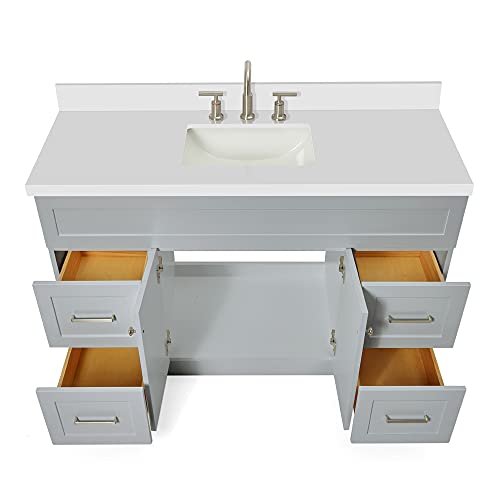 ARIEL 55" Grey Bathroom Vanity 1.5" Edge Pure White Quartz Countertop & Splash, Rectangular Sink, 2 Soft Closing Doors, 4 Full Extension Dovetail Drawers, Built in Toe Kick ARIEL
