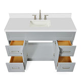 ARIEL 55" Grey Bathroom Vanity 1.5" Edge Pure White Quartz Countertop & Splash, Rectangular Sink, 2 Soft Closing Doors, 4 Full Extension Dovetail Drawers, Built in Toe Kick ARIEL