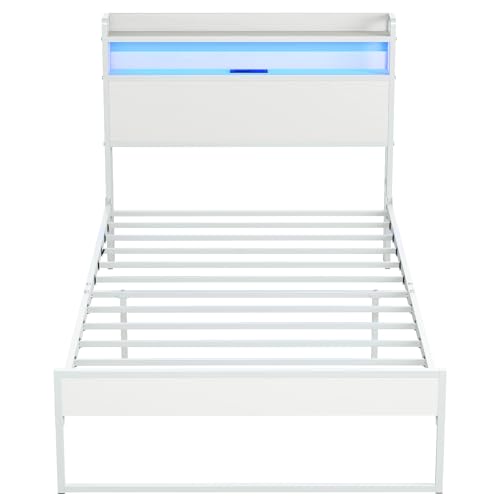 Elephance Twin Bed Frames with Charging Station and LED Lights, Metal Bed Frame with 2-Tier Storage Headboard, No Box Spring Needed, Noise Free, Easy Assembly Elephance