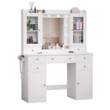 Wodeer Vanity Desk with Mirror and Lights, 43" White Makeup Vanity Set with 5 Drawers & Glass Cabinets, Makeup Tray, Power Outlet & Adjustable LED Lights, Dressing Table for Women & Girls Bedroom Wodeer