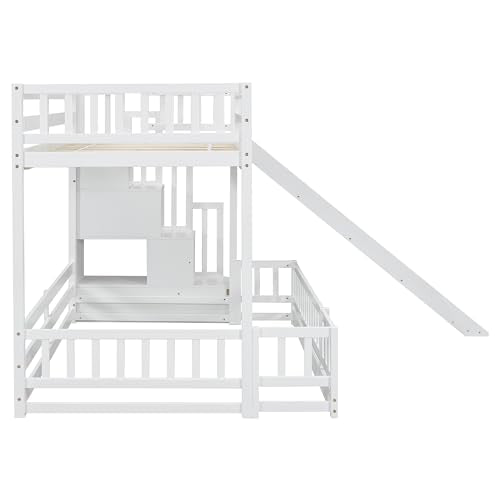 MoproBeti Twin Over Full Bunk Bed with Slide and Storage Stairs, Pine Wood Floor Kids Bunk Beds with Safety Fence Guardrails and Door for Girls Boys, White MoproBeti