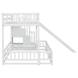 MoproBeti Twin Over Full Bunk Bed with Slide and Storage Stairs, Pine Wood Floor Kids Bunk Beds with Safety Fence Guardrails and Door for Girls Boys, White MoproBeti