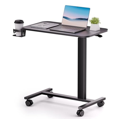 COMHOMA Adjustable Overbed Bedside Table with Lockable Wheels, Pneumatic Mobile Standing Laptop Desk, Small Standing Desk Portable Rolling Overbed Table Hospital Home Use(28" W x 16" D, Black) COMHOMA