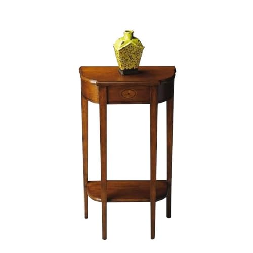 Allora Traditional Console Table, Olive Ash Burl Finish, Rubberwood and Veneer Construction, Demilune Shape, 31" H x 17.5" W x 9" D, Distressed Finish, Elegant Entryway or Small Space Furniture Allora