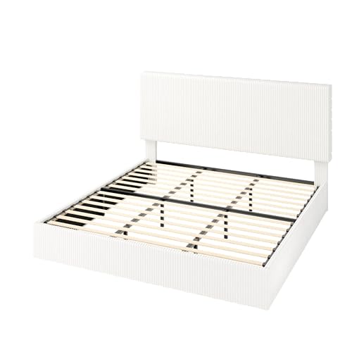 Allewie King Bed Frame, Upholstered Platform Bed, Adjustable Vertical Channel Tufted Headboard, Corduroy Fabric, Modern Low Profile, Wooden Slats, No Box Spring Needed, Easy Assembly, White Allewie
