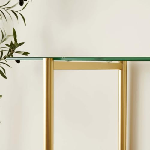 LumFurn Glass Console Table for Living Room, Foyer & Entrance, 2-Tiers Mid-Century Modern Sofa Table with Clear Glass Top, Walnut Finish Wood Top and Gold Finish Metal Frame LumFurn