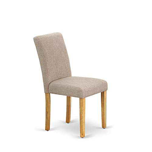 East West Furniture ABP4T04 Abbott Parson Dining Chairs - Light Tan Linen Fabric Padded Dinette Chairs, Set of 2, Oak East West Furniture