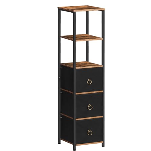 HOOBRO Corner Cabinet, 6-Tier Corner Shelf Stand with 3 Drawers, Bathroom Floor Cabinet, Narrow Storage Cabinet, for Bathroom, Living Room, Rustic Brown and Black BF140CW01 HOOBRO