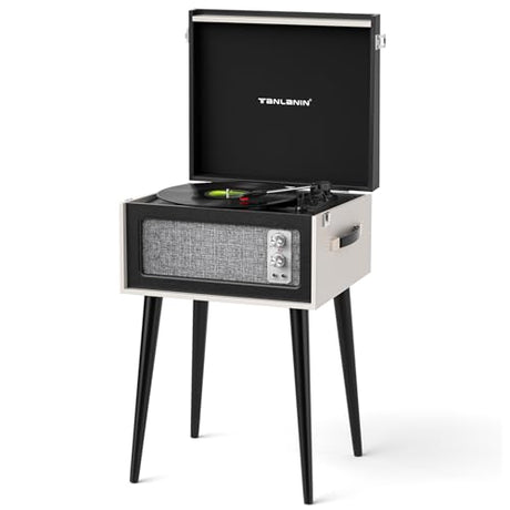 Vintage Standing Black Vinyl Record Player with Detachable Legs, Built-in Stereo Speakers, Treble & Bass Gain, 33/45/78 RPM LP Player Bluetooth Retro Turntables Support Headphone Jack, RCA Out, AUX in TANLANIN