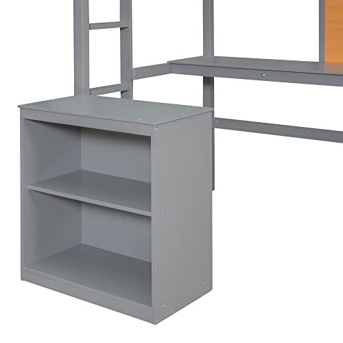 BOVZA Twin Loft Bed with Desk, Writing Board, and Cabinet in Grey – Stylish and Sturdy Frame for Kids and Teens - WoodArtSupply