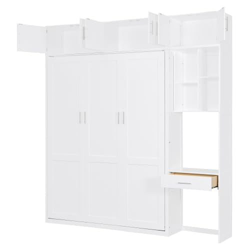 Harper & Bright Designs Queen Size Murphy Bed with Desk, Storage Cabinet & Shelves, Foldable Wooden Wall Bed, Space-Saving, White Harper & Bright Designs