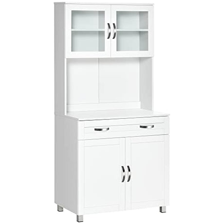 HOMCOM 67" Pantry Cabinet, Modern Kitchen Hutch, Freestanding Storage Cabinet with Glass Doors, Adjustable Shelves and Drawers, White HOMCOM