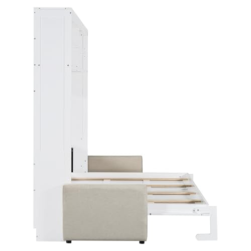 LZ LEISURE ZONE Queen Size Murphy Bed, Wooden Queen Murphy Bed with Sofa, Cushion and Shelves, White LZ LEISURE ZONE