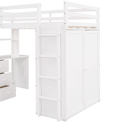 Ball & Cast Twin Size Loft Bed with Storage 3 Drawers and Wardrobe,Wood Bedframe w/Full-Length Guard Rail & Desk,Slat Support,Space Saving,Bedroom Furniture for Student Dorms,Studio,White Ball & Cast