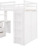Ball & Cast Twin Size Loft Bed with Storage 3 Drawers and Wardrobe,Wood Bedframe w/Full-Length Guard Rail & Desk,Slat Support,Space Saving,Bedroom Furniture for Student Dorms,Studio,White Ball & Cast
