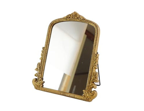 HSDDHOME Vintage Vanity Makeup Desk Mirror，Antique Traditional Chic Arch Table Mirror Gold，Decor Wood Framed Small Standing Carved Arendahl Mirror for Living Room,Bedroom,Tabletop 11.8" x 9.6" HSDDHOME