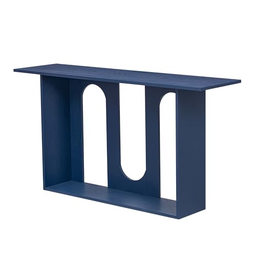 Knocbel Entryway Console Table with Curved Design and Ash Veneer, Modern Sofa End Tables with Top Bottom Shelf for Living Room Hallway, 15.7" D x 60" W x 31.5" H Navy Blue Knocbel
