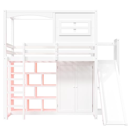 Merax Multifunction Wood Loft Bed with Wardrobe & Storage Shelves, Twin House Shaperd Loft Bed with Slide for Boys, Girls, No Box Spring Needed, Space Saving, White Merax