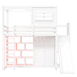 Merax Multifunction Wood Loft Bed with Wardrobe & Storage Shelves, Twin House Shaperd Loft Bed with Slide for Boys, Girls, No Box Spring Needed, Space Saving, White Merax