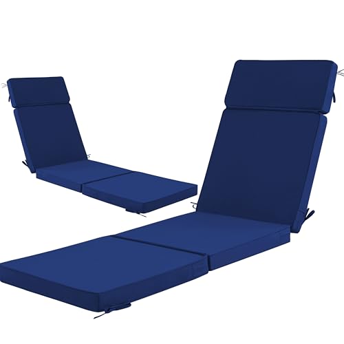 Honorbox 72 x 21 Inch Outdoor Chaise Lounge Cushions Set of 2 - Removable Cover, 4-Section Design, Water-Repellent & Fade-Resistant, 6 Tie Straps, Replacement for Patio & Pool Chairs - Navy