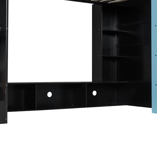 Merax Twin Size Gaming Loft Bed with Desk and Multi-Storage Shelves, Wooden Loft Bed Frmae with Light, Space-Saving Bed with Safety Guardrail Merax