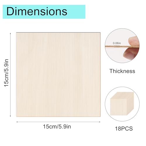 18 Pack Basswood Sheets - 6x6 Inch x 1/16 Inch Thick Plywood Balsa Wood Squares for Crafts, Laser Cutting, Wood Burning and Drawing pojah