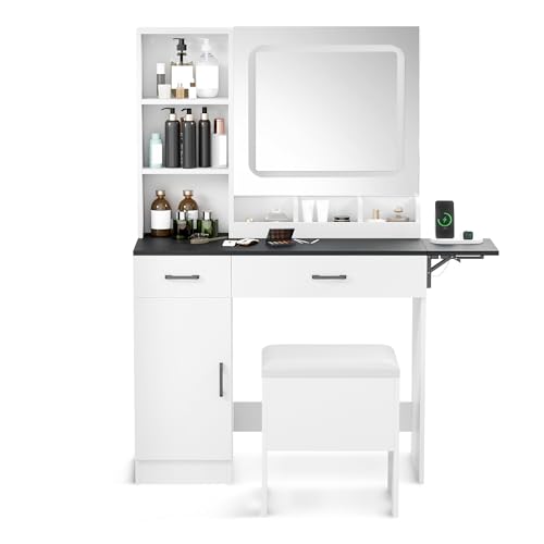 Esmlada Farmhouse Makeup Vanity Desk with Mirror and Lights, Vanity Desk Table Set with Storage Bench, Power Outlet, for Bedroom, Black Esmlada