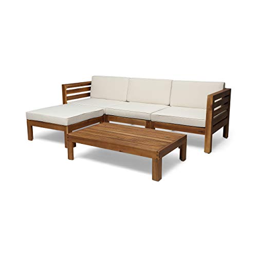 Christopher Knight Home Alice Outdoor 5 Piece Acacia Wood Sofa Set, Teak Finish, Beige - WoodArtSupply