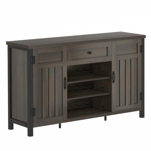 FATORRI Industrial Coffee Bar Cabinet with Wine Rack, Wood Buffet and Sideboard with Storage Cabinet, Rustic Credenza Cupboard for Kitchen Dining Room (55.12 Inch, Walnut Brown) - WoodArtSupply